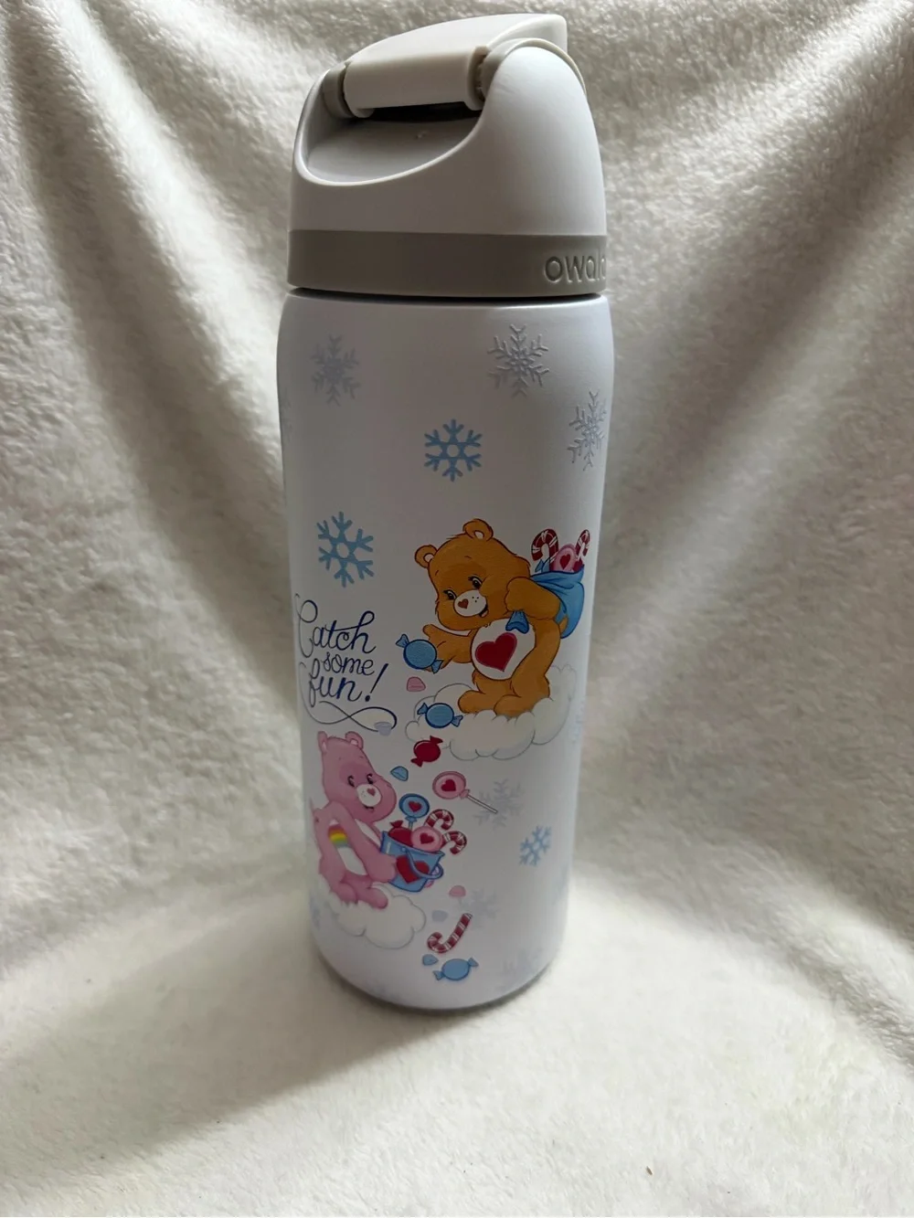 Thermal Kids Water Bottle - White with Pink & Brown Bear Design